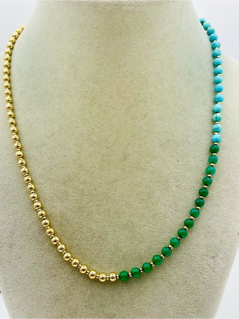 16K Gold Plated Beaded Necklace with Malachite & Blue Howlite Beads. 18 inches l